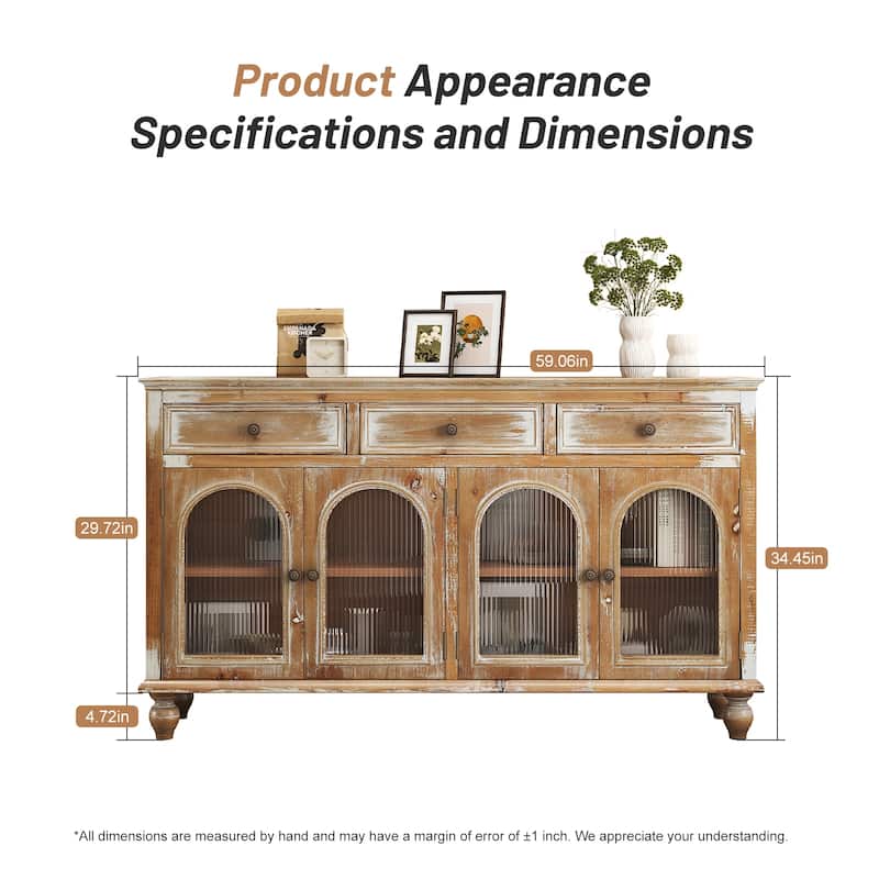 59.06"Farmhouse Sideboard Buffet Cabinet, Distressed Wood Credenza with 3 Drawers & 4 Glass Doors, Storage Cabinet with Shelves