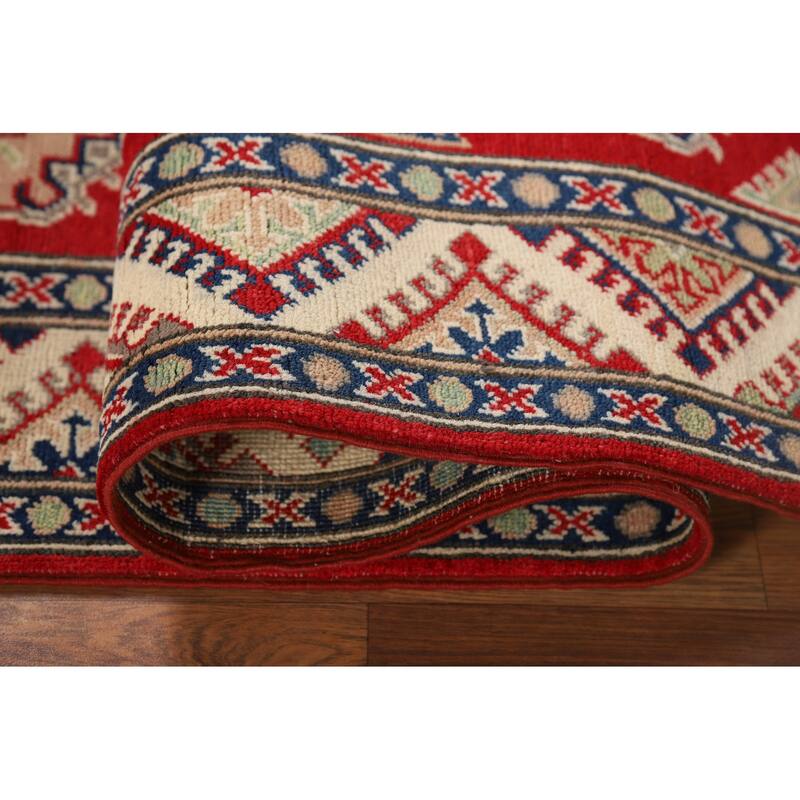 Red Geometric Kazak Oriental Runner Rug Hand-Knotted Wool Carpet - 2'8" x 9'4"