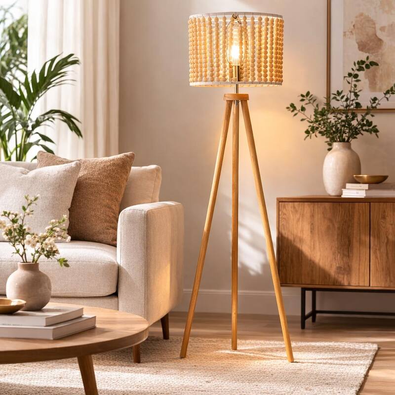 Sofi Natural Wood Tripod Floor Lamp with Beaded Shade