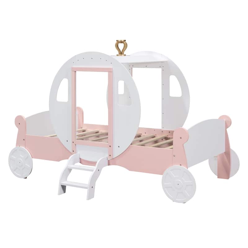 Twin Size Princess Carriage Bed with Crown and Stair, Pink and White