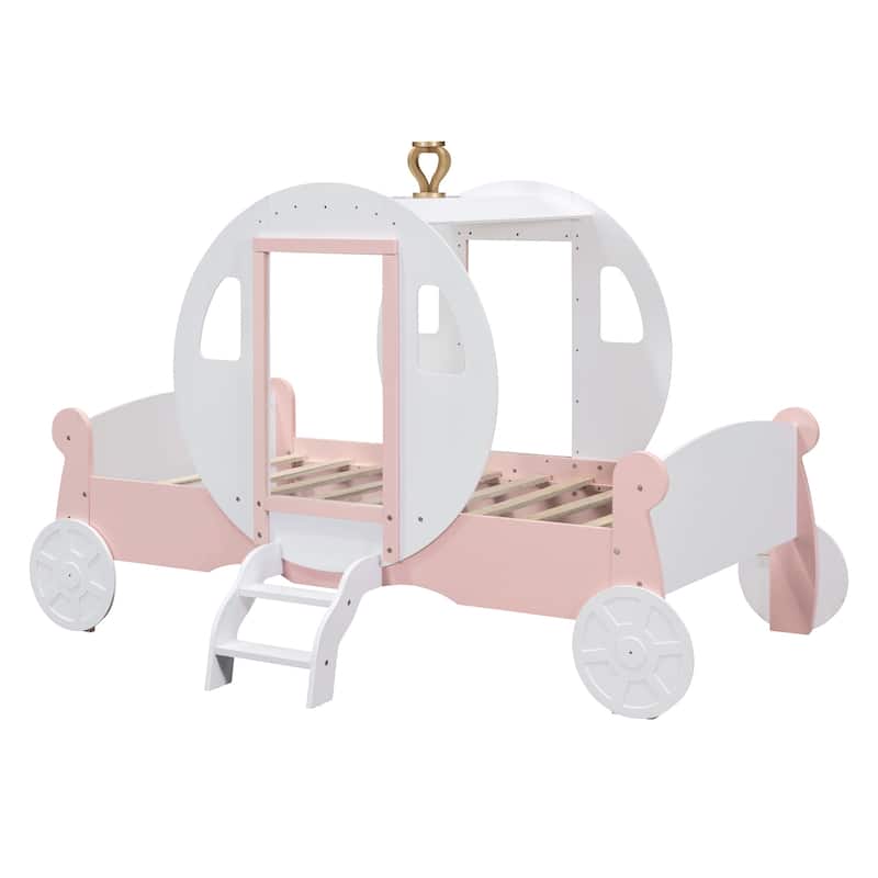Twin size Princess Carriage Bed with Crown,Wood Platform Car Bed with ...