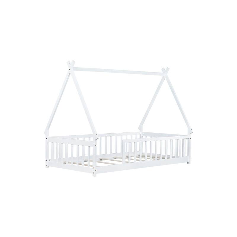Twin Size Tent-shaped Floor Bed with Guardrails and Slats