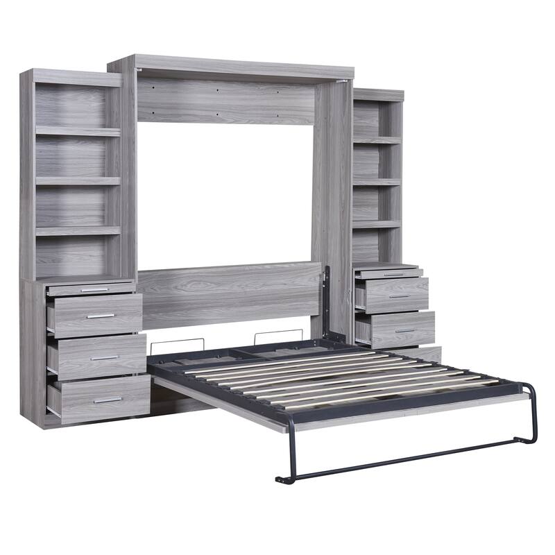 Space-Saving Full Size Murphy Bed with Storage Shelves and Drawers, Gray