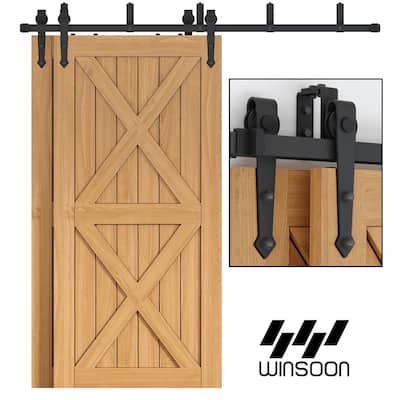WINSOON 5-16FT Bypass Sliding Barn Door Hardware Kit Bending Design Wall Mount Bracket fit for Double Doors Arrow Hangers