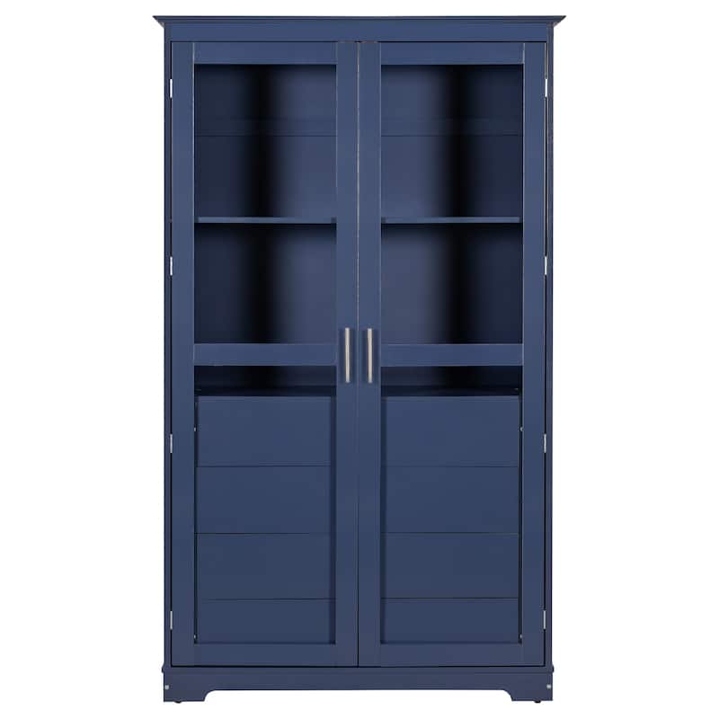 Pantry Cabinet with Glass Door, 2 Shelves & 4 Built-in Drawers, Kitchen Pantry Storage Cabinet, Freestanding Kitchen Cupboard