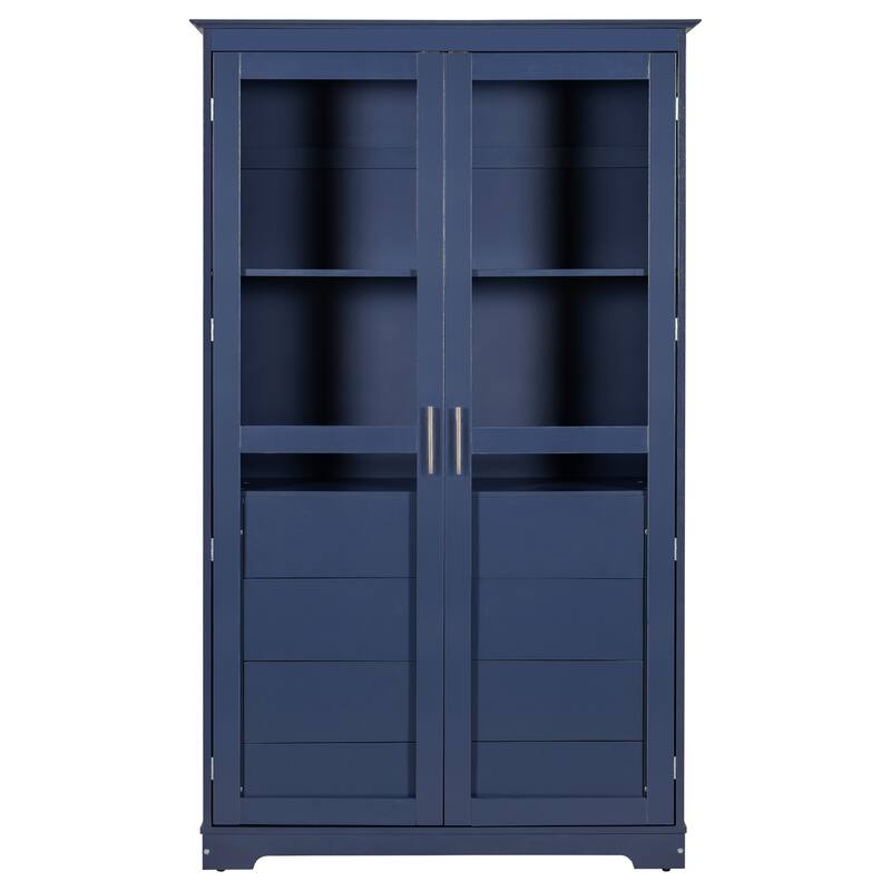 Roomfitters 75" Kitchen Pantry, Freestanding Storage Cabinet Display Cabinet with Glass Doors and 4 Drawers