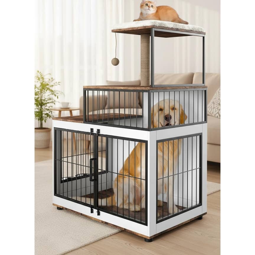 Multi-Functional Dog Crate, with Cat Scratching Post - White