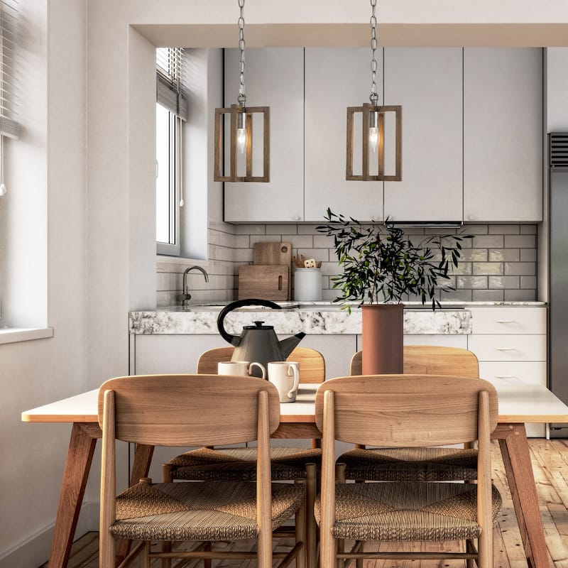 Farmhouse 1-Light Wood Grain Pendant Light for Kitchen Island Dining Room - D6.5'' x H70''