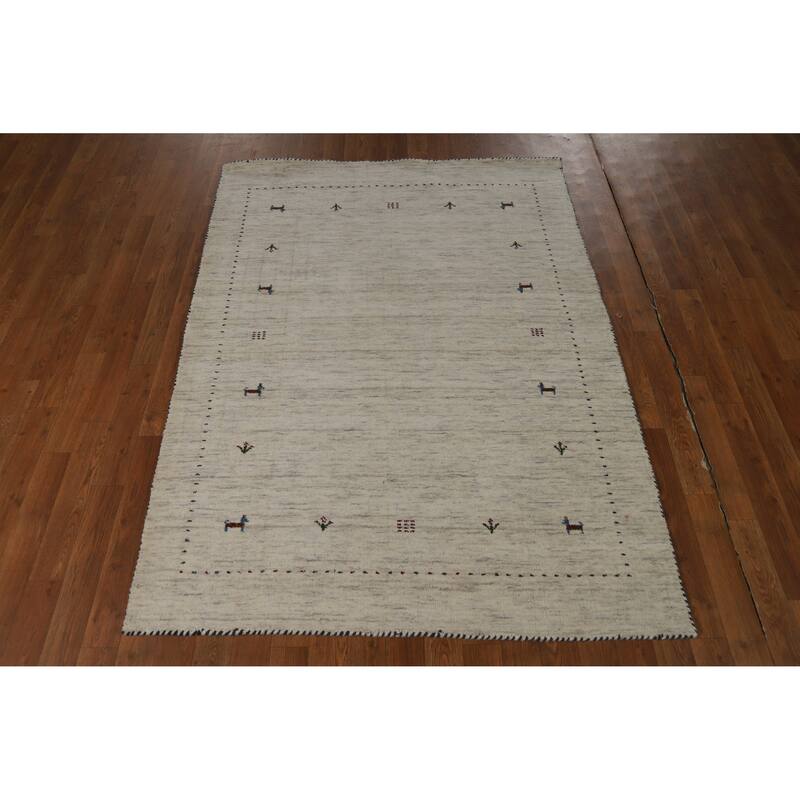 Hand Knotted Oriental 100% Wool Carpet Tribal Animal Pictorial Beige & Ivories Gabbeh Area Rug - 5' 10'' X 4' 4''