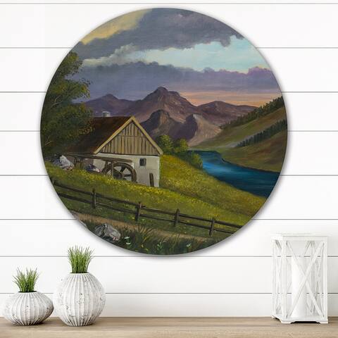 Designart 'Mountain Landscape With An Old Mill At A River' Lake House Metal Circle Wall Art