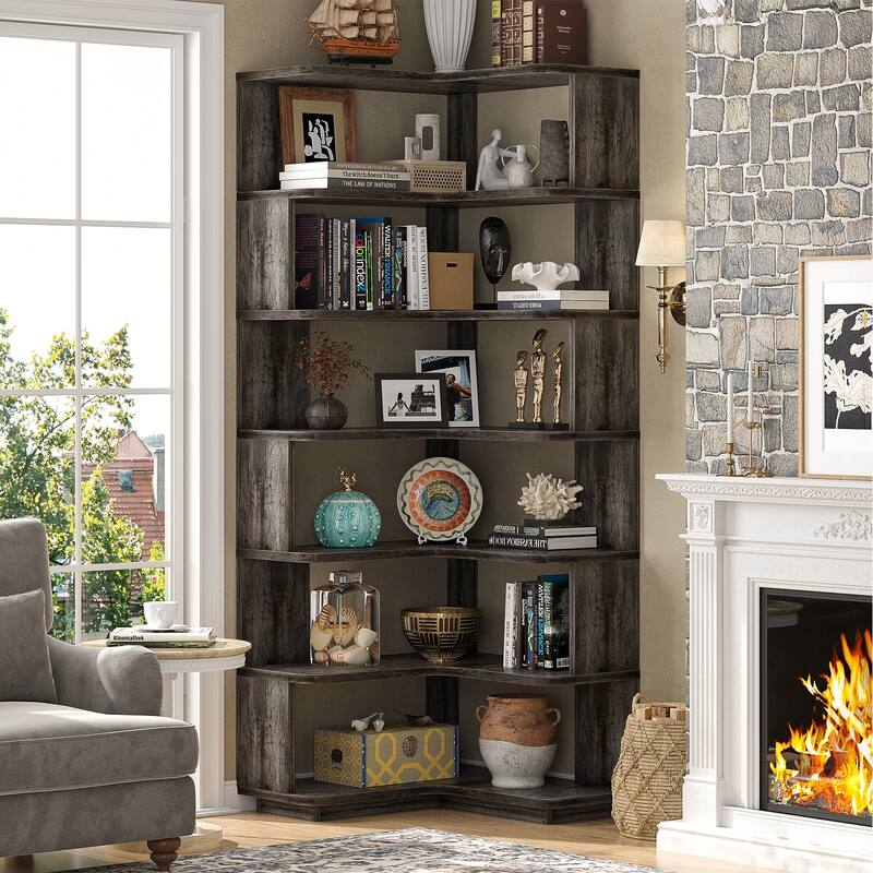 6-Tier Corner Bookcase, Freestanding Display Storage Book Shelf - Grey Oak
