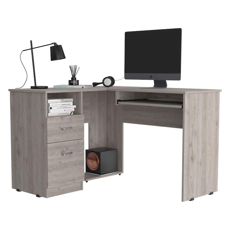 Modern L-Shaped Desk with Retractable Keyboard Tray, Sleek Metal Handles, and Sturdy Particle Board Design for Office Use