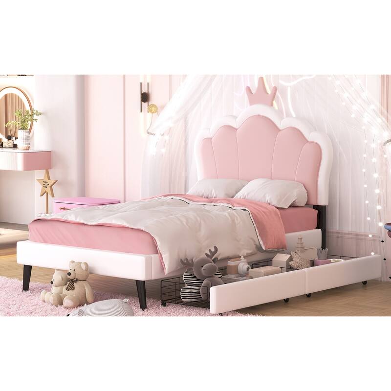 Twin Size Platform Bed with Crown Headboard and 2 Drawers, Upholstered Princess Bed