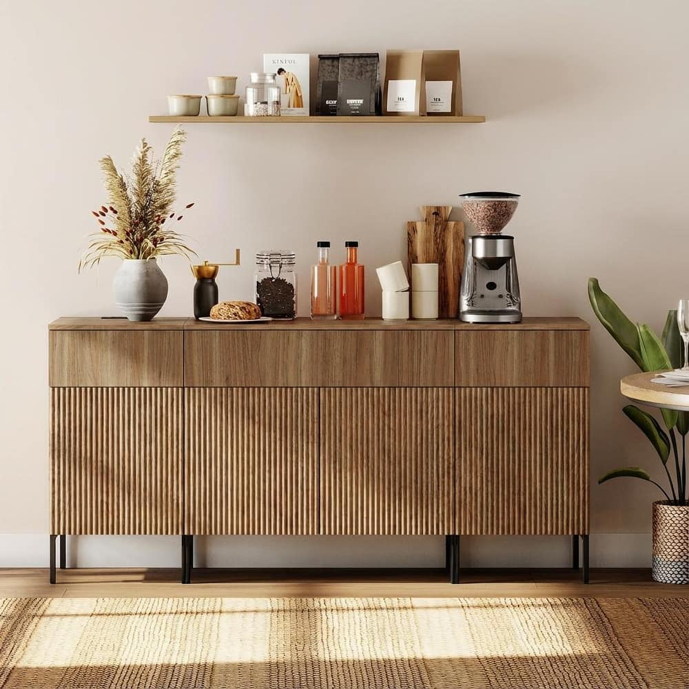 63" Wooden Reeded Sideboard With Doors And Drawers, 3-In-1 Modern Credenza With Charging