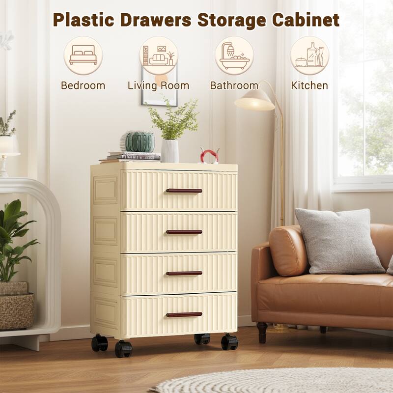 Plastic Drawer Storage 18.9" Wide Plastic Chest Of Drawers For Bedroom Fluted Design Storage Organizer Cart With Wheels