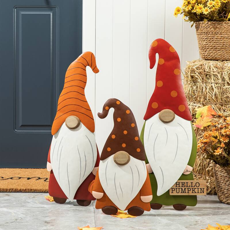 Glitzhome Set of 3 Fall Metal Gnome Family Yard Stake Standing Sign Hanging Decor for Thanksgiving