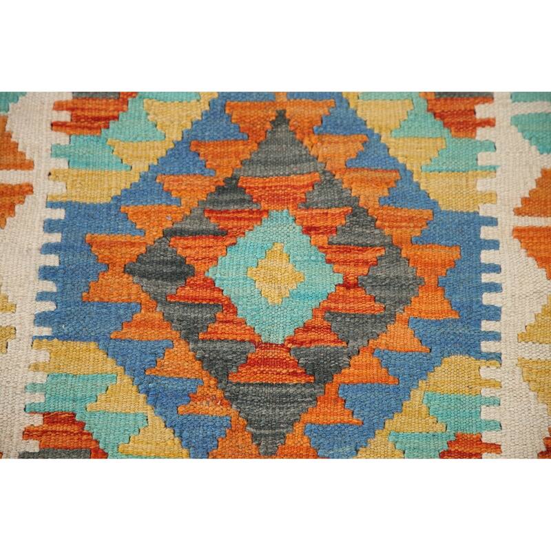 Hand Woven Oriental 100% Wool Carpet Southwestern Geometric Multi-Colored Kilim Area Rug - 3' 8'' X 2' 7''