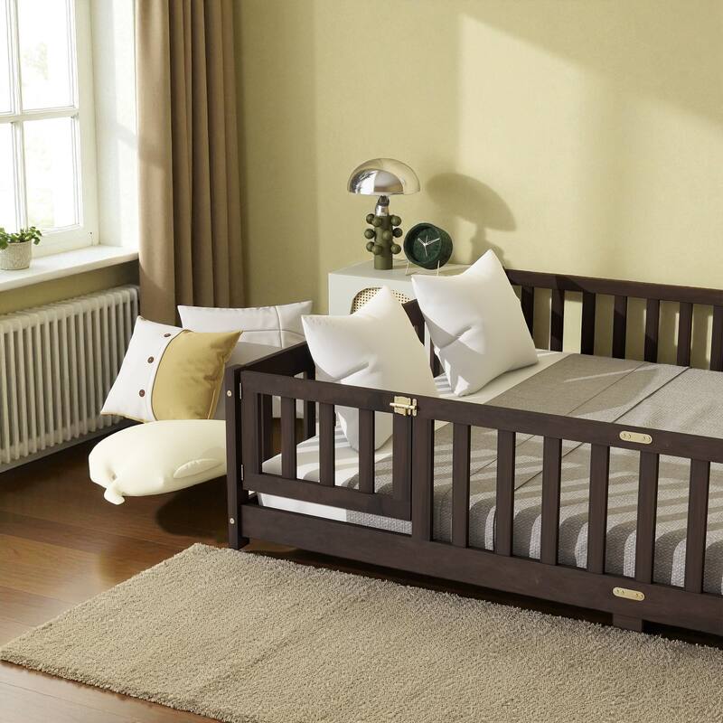 Queen Size Rubber Wood Floor Bed with Fence and Door, Montessori Platform Bed with Safety Guardrails for Kids