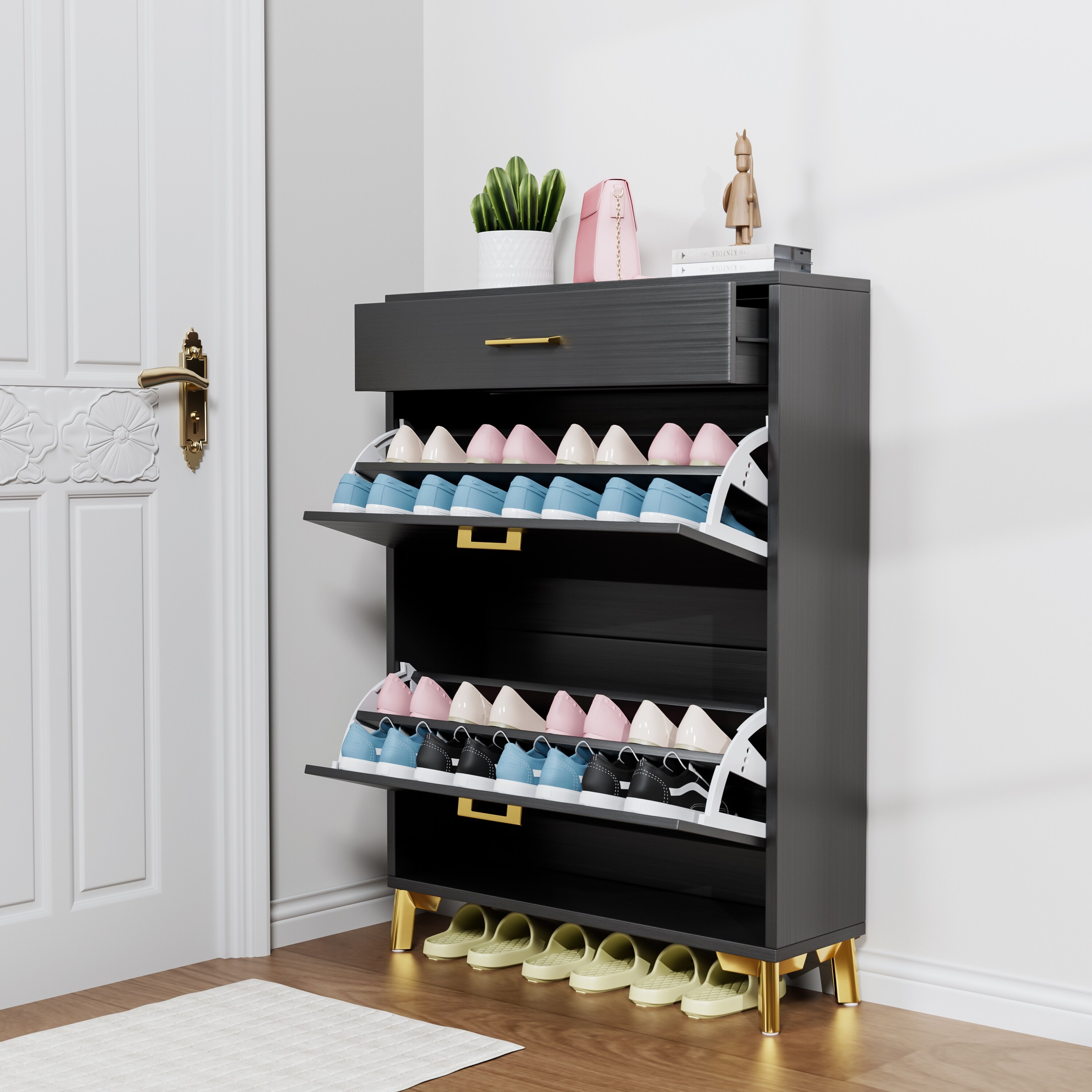 Shoe Storage Cabinet With Flip Drawers And Hidden Shoe Rack