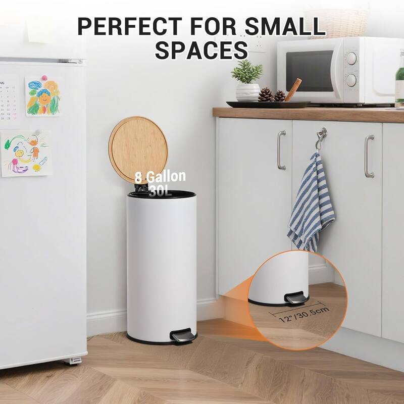 8 Gallon Step Trash Can with Natural Bamboo Lid, Removable Inner Bucket for Kitchen