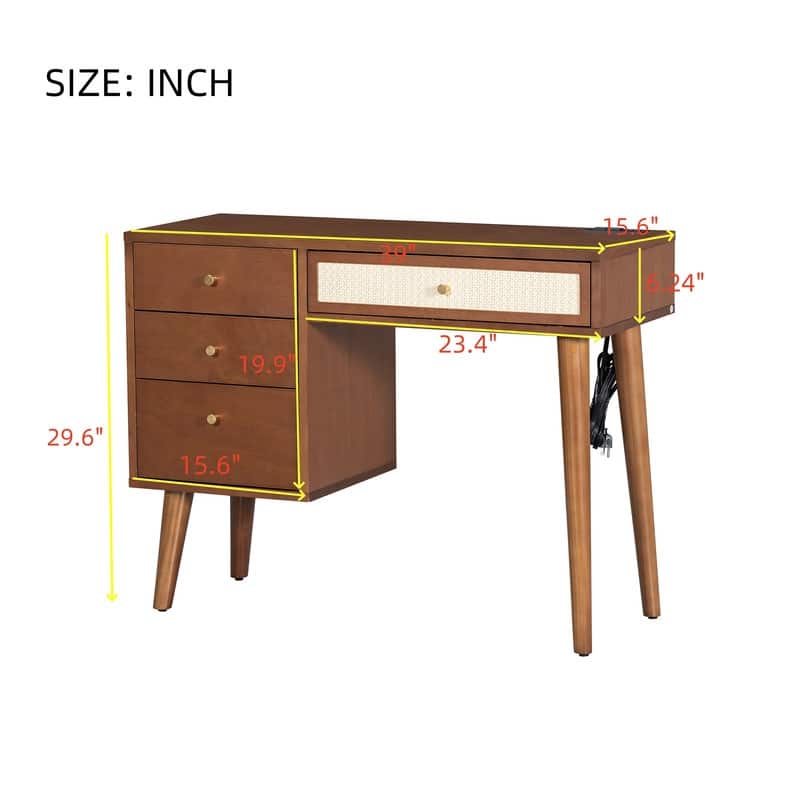 Classic Wooden Makeup Vanity Set with Stool, Dressing Table with 4 Storage Drawers, Walnut