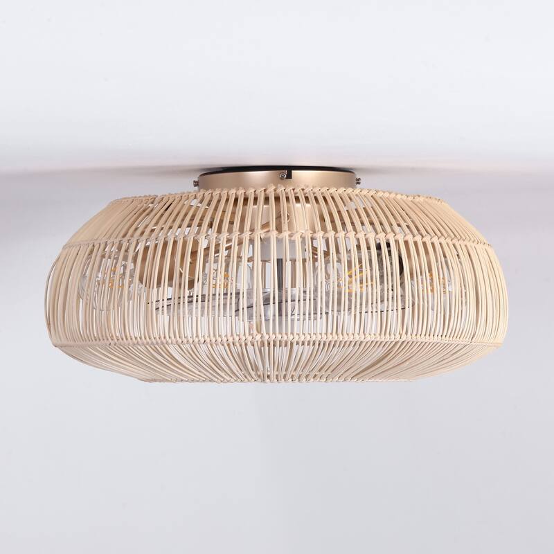 20-in Coastal Weave Rattan Gold Flush Mount Caged Ceiling Fan with Remote