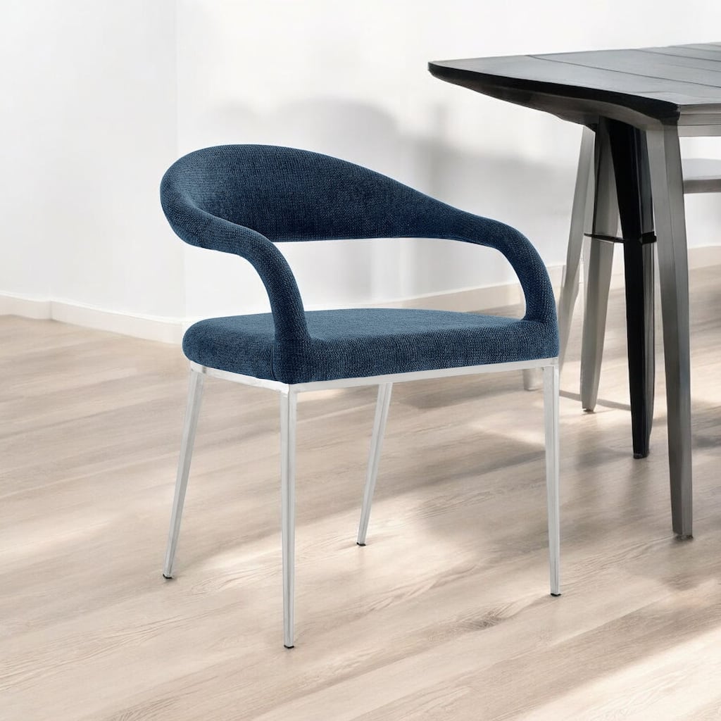 HomeRoots Set of Two Blue And Silver Upholstered Polyester Open Back Dining Arm Chairs