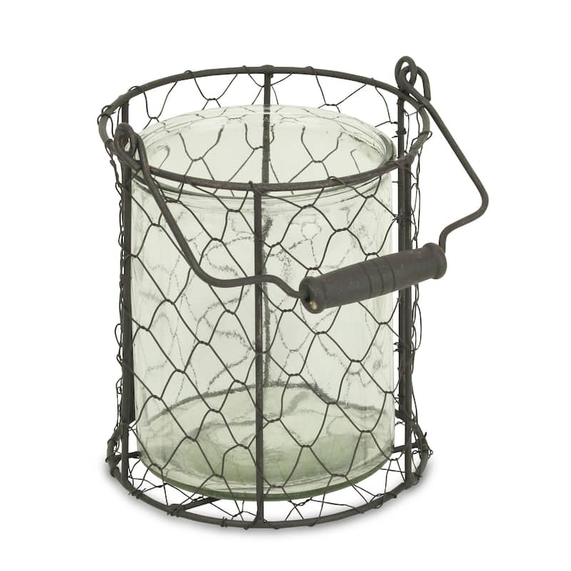 HomeRoots 6" Brown and Clear Wire Basket and Glass Jar - 6' X '6.5' X '6
