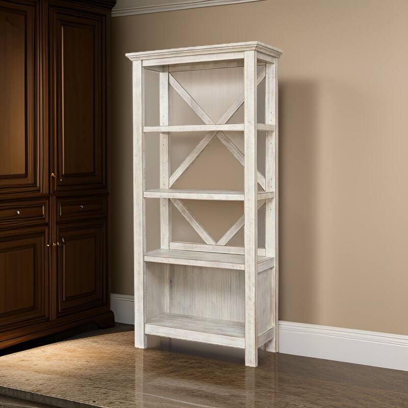 X Shape Back Bookcase with 3 Open Shelves and 1 Open Compartment, White