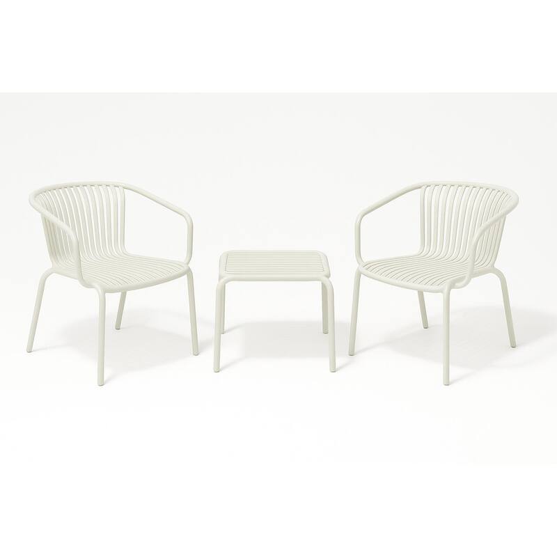 Brene 3-Piece Contract Grade Outdoor Chat Set with side table and 2 stackable lounge chairs.
