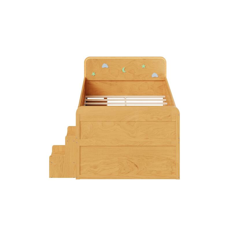 GDFStudio - Wooden Bed with Storage Drawers, Ladder Shelves and LED