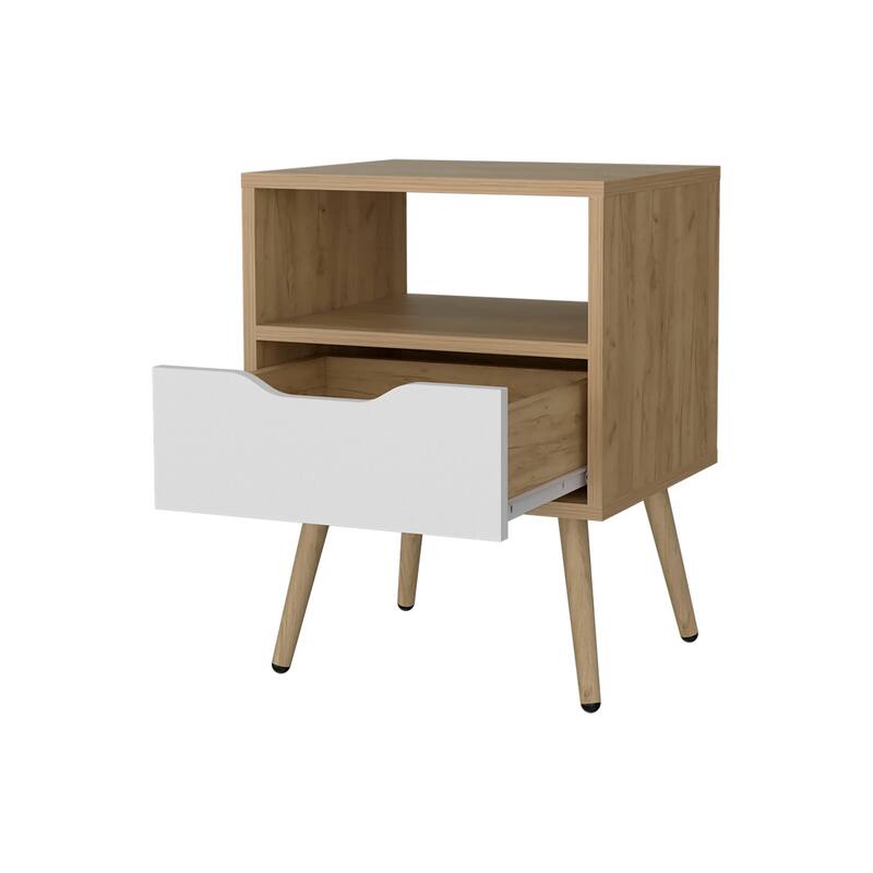 Natural Oak and White Nightstand with Open Storage