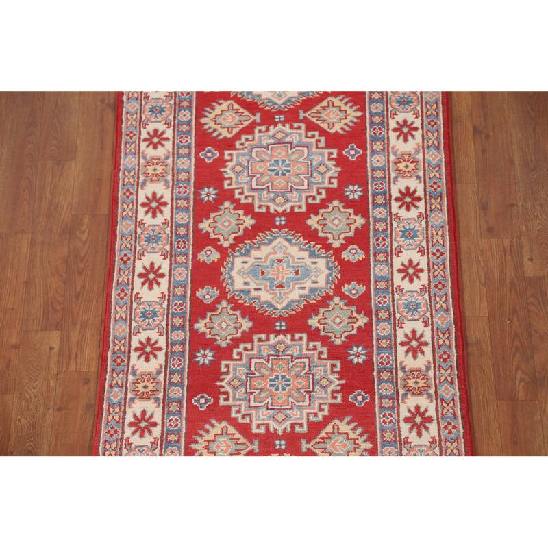 Geometric Red Kazak Runner Rug Hallway Hand-Knotted Wool Carpet - 2'7" x 8'0"