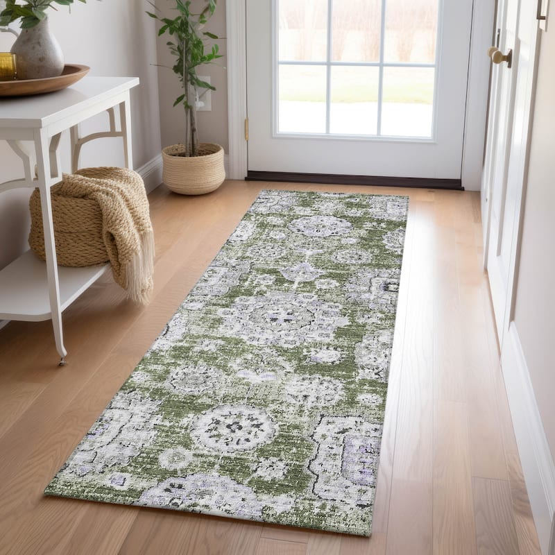 Machine Washable Indoor/ Outdoor Chantille Persian Vintage Rug - Olive - 2'3" x 7'6"