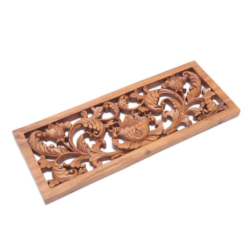 Novica Handmade Lotus Lake Wood Relief Panel
