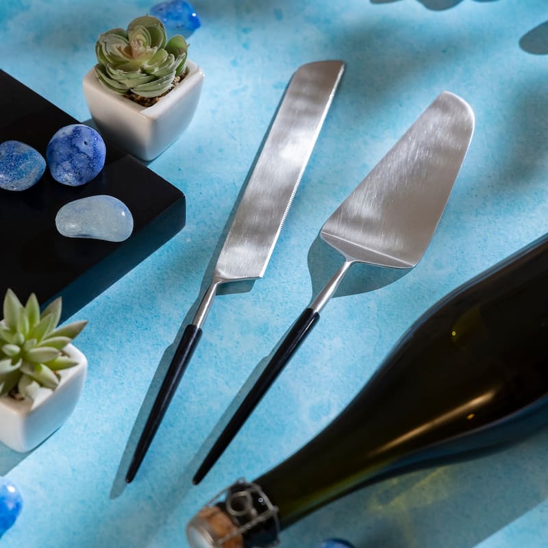 Set of 2 Silver & Black Stainless Steel Dessert Set