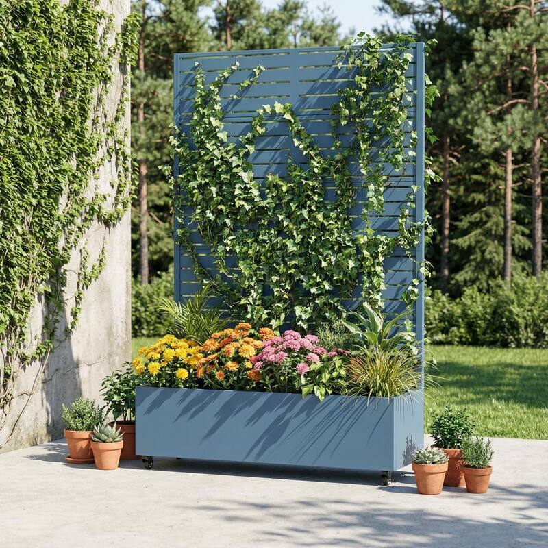 Raised Garden Bed Planter with Trellis Movable Planter Box with Lockable Wheels - 72*47 - Blue