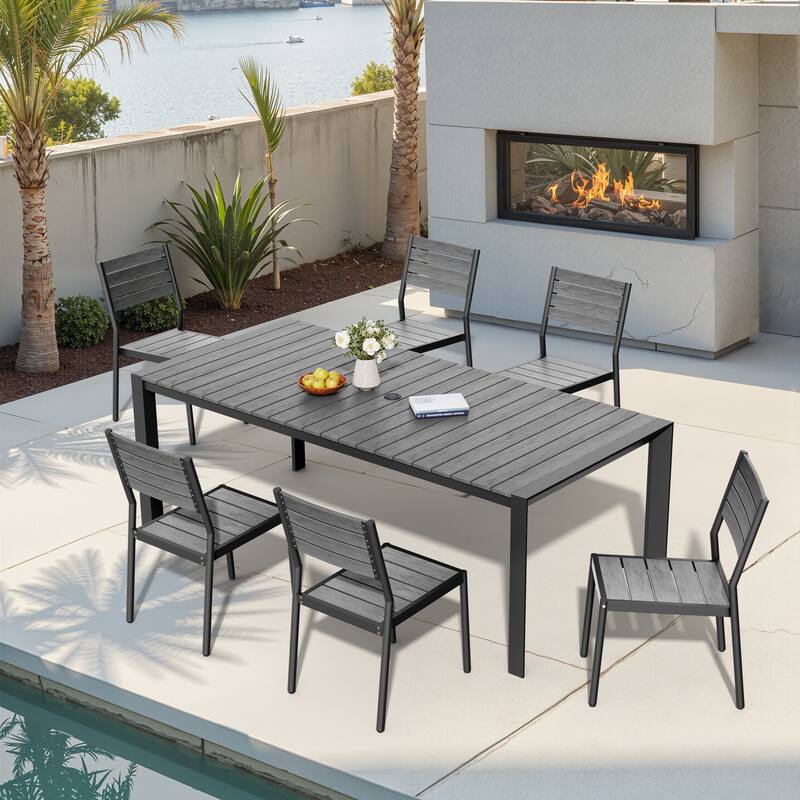 7-Piece Outdoor Patio Aluminum Dining Table with Stackable Dining Chairs - Grey-83.85inTable
