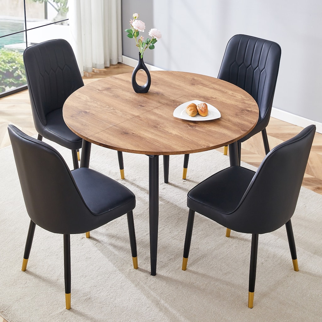 5-Piece Round Dining Set with Extendable Dining Table, Wood Kitchen Table Set with 4 PU Chairs for Dining Room