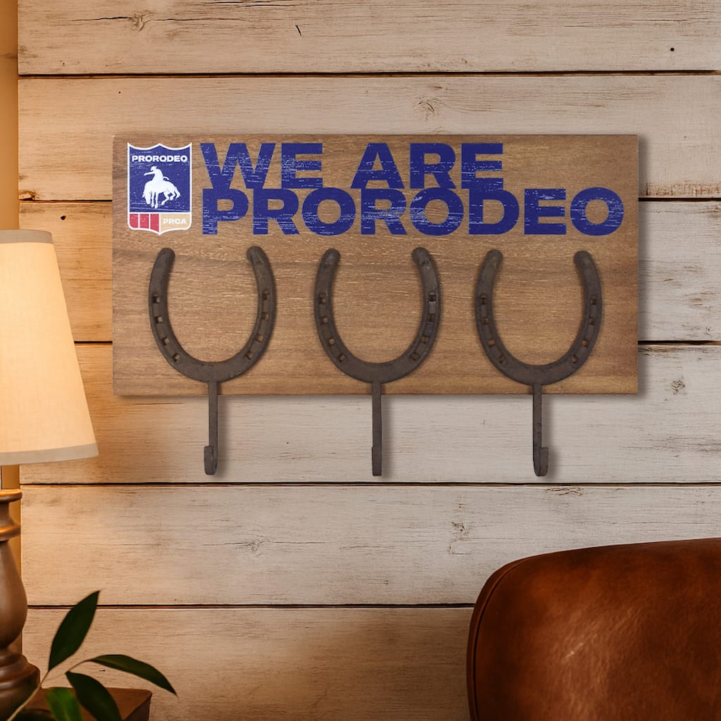 American Art Decor Rustic Pro Rodeo Horseshoe Metal Wall Decor with Hooks - 18.5" x 11"