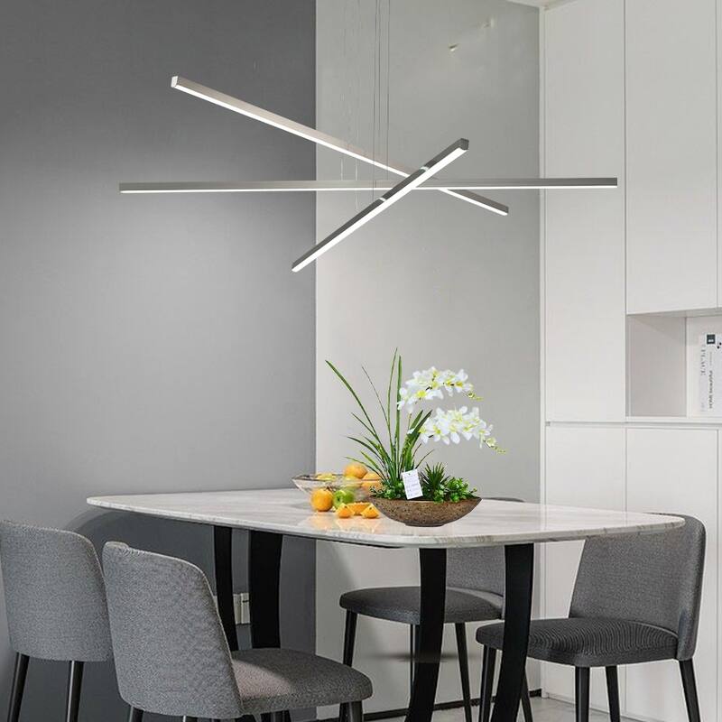 48-Inch Modern LED Chandelier ， Adjustable 3-Arm Geometric Design, Energy-Efficient & Sleek Metal Finish - Chrome - Chrome