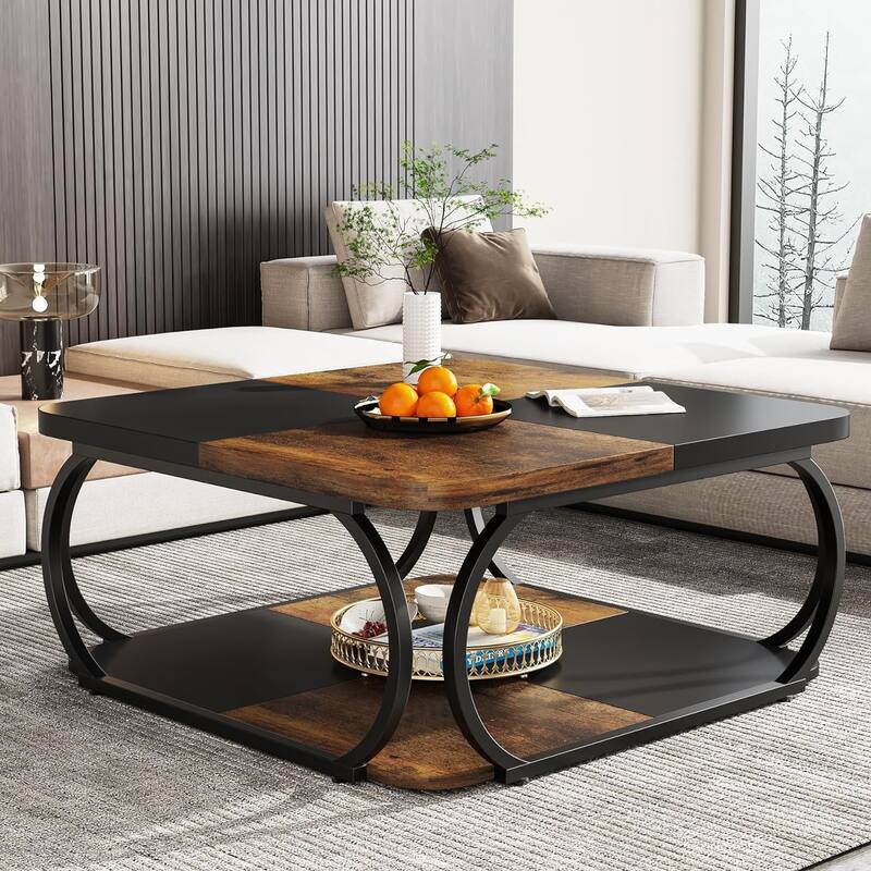 39"Square Coffee Table with Storage Shelf - 2-Tier Modern Farmhouse Coffee Table with Heavy-Duty Metal Curved Frame - Brown+Black