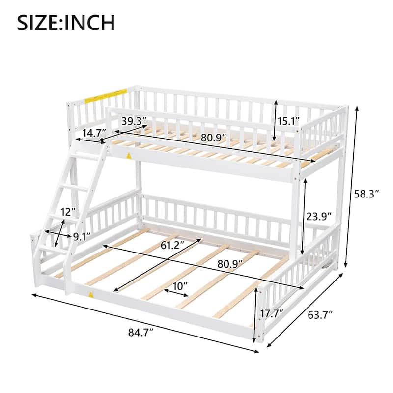 White Twin XL over Queen Size Bunk Bed with Ladder and Guardrails for Kids, Boys and Girls, Bedroom
