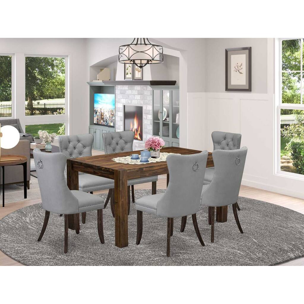 HomeStock 7-Piece Rectangle Distressed Jacobean Finish Solid Wood Top Dining Table with 6 Chairs