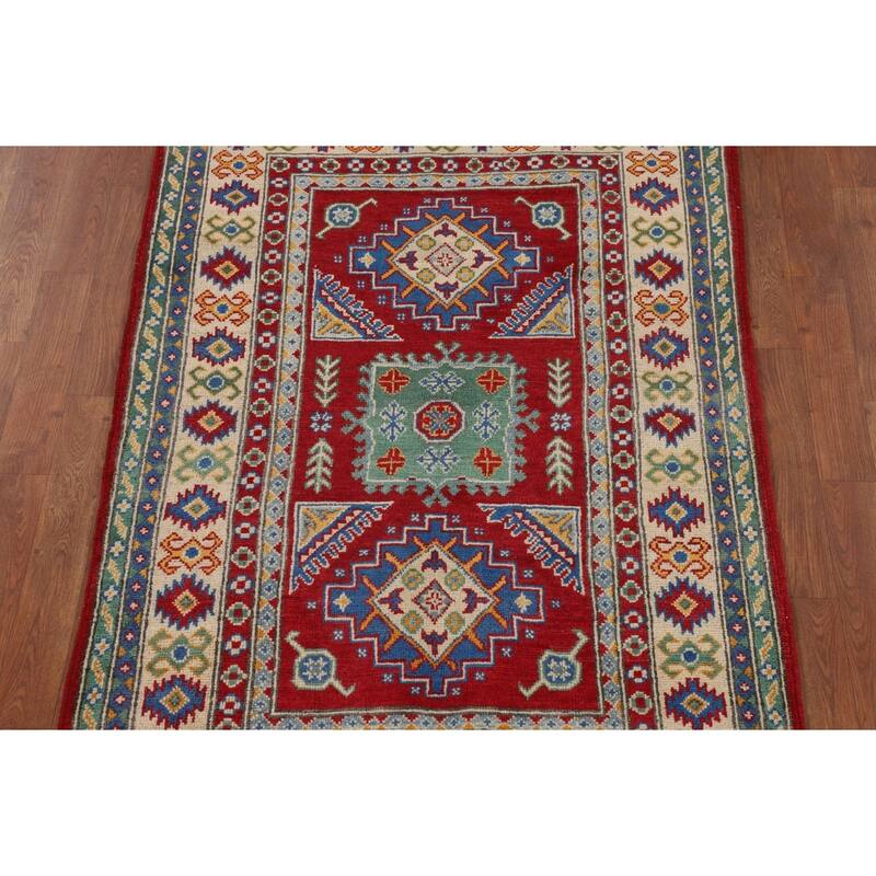 Red Geometric Kazak Oriental Foyer Rug Hand-Knotted Wool Carpet - 3'4" x 5'0"