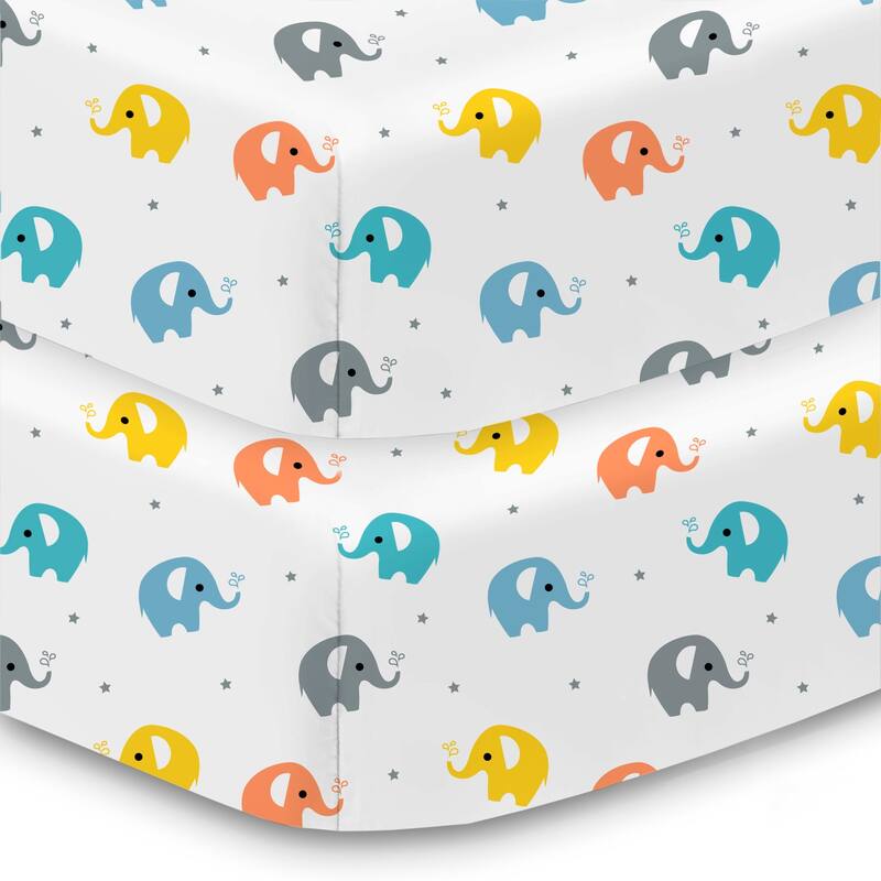 BreathableBaby Cotton Percale Fitted Sheet, For 52" x 28"/132 x 71 cm Crib & Toddler Bed Mattress, Prints (2-Pack) - Elephants