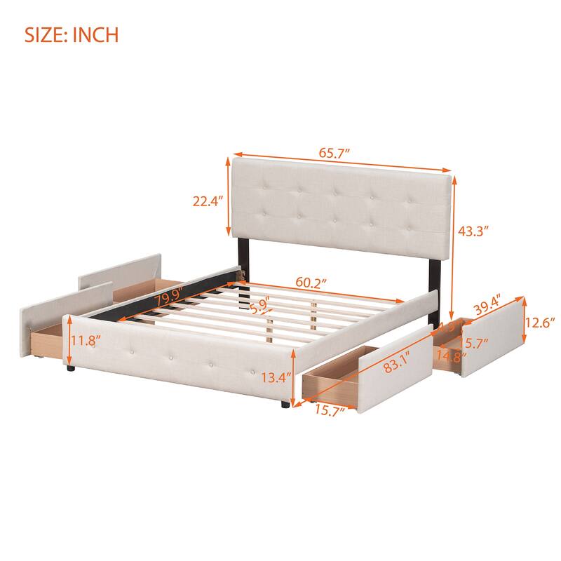 Queen Size Upholstered Platform Bed with Headboard and 4 Drawers, Linen Fabric, No Box Spring Needed