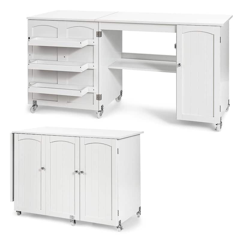 Costway Folding Sewing Table Shelves Storage Cabinet Craft Cart with - See Details