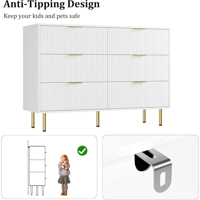 Fluted 6 Drawer Dresser for Bedroom, Large Chest with Gold Handle, Modern Wood Organizer for Living Room or Hallway