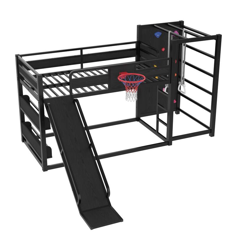 Roomfitters Metal Loft Bed with Slide and Climbing Wall, Gym Bed with Basketball Hoop, Black